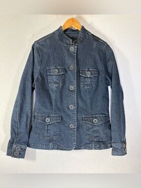 Vintage Denim Utility Jacket Structured Military Style, Fitted, 90s Vibe Fitted